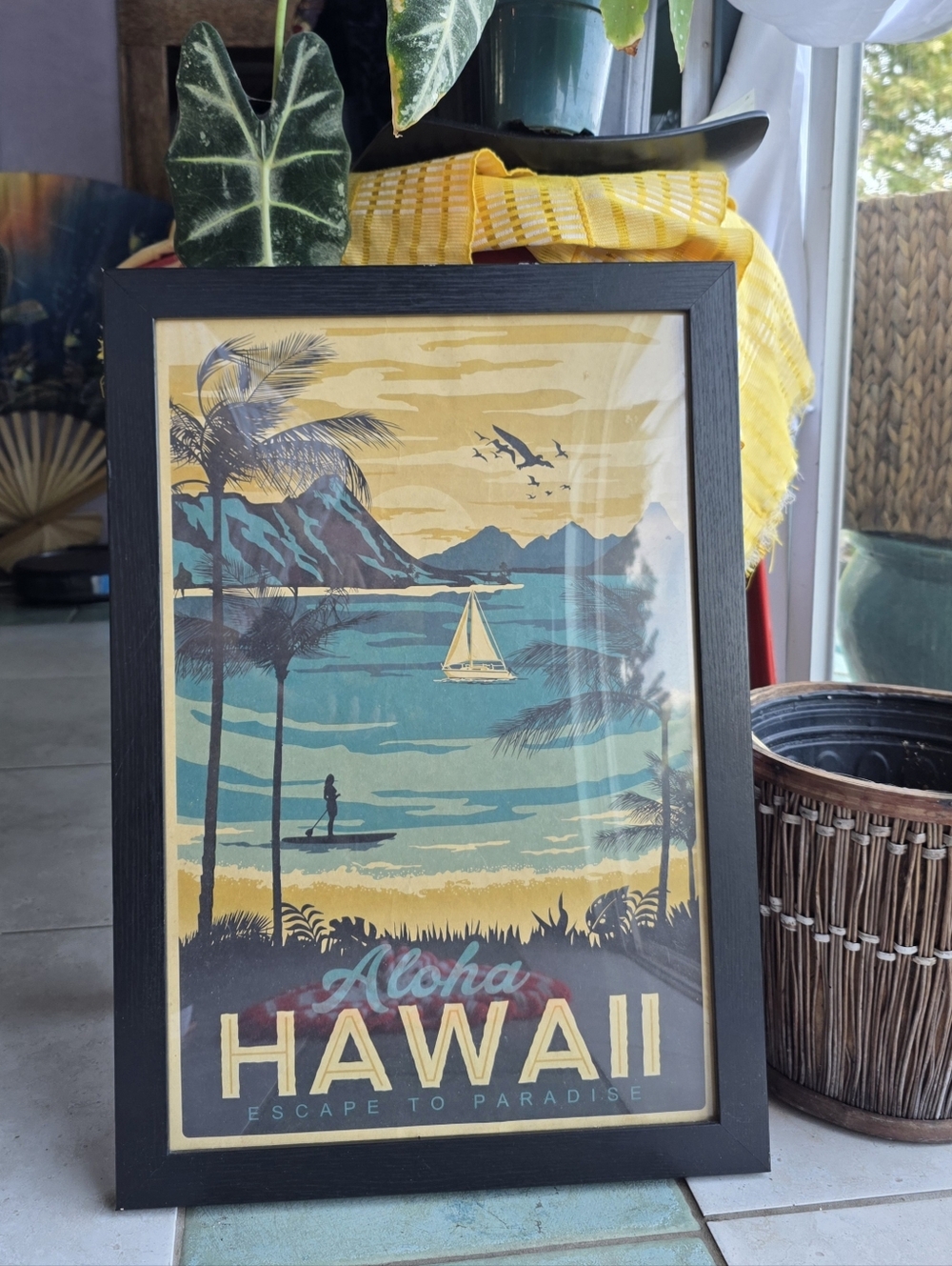 Framed Aloha Hawaii Vintage Style Beach Poster - Yellow & Teal Black Art 22"